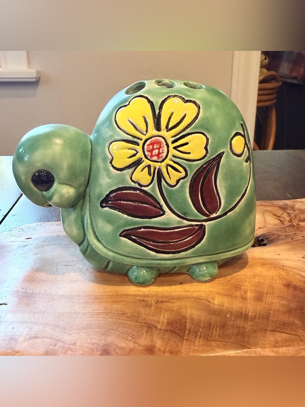 Vintage BoHo Handmade Ceramic Turtle Figurine has Holes for Makeup Brushes Pens